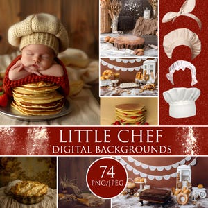 Fondo digital de pequeño chef: accesorio de composición fotográfica de cocina para niños pequeños y recién nacidos. Imagen compuesta creativa. Gorro de chef, superposición de harina PNG.