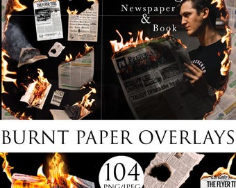 Papel quemado, Periódico ardiendo (PNG), Libro ardiendo (PNG), Papel ardiendo (fondo negro), Superposición de fuego, Superposiciones de quemaduras, Superposición de fotos mágicas
