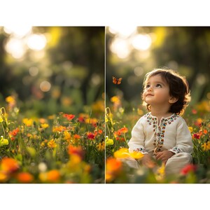 Puede incluir: Un ni&ntilde;o peque&ntilde;o est&aacute; sentado en un campo de flores silvestres, mirando hacia arriba a una mariposa que vuela por encima de su cabeza. El ni&ntilde;o lleva un vestido blanco bordado y tiene el pelo casta&ntilde;o.