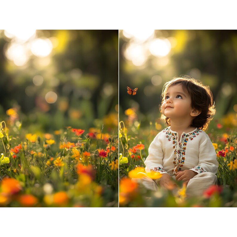 Puede incluir: Un ni&ntilde;o peque&ntilde;o est&aacute; sentado en un campo de flores silvestres, mirando hacia arriba a una mariposa que vuela por encima de su cabeza. El ni&ntilde;o lleva un vestido blanco bordado y tiene el pelo casta&ntilde;o.
