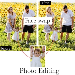 Puede incluir: Comparación de edición de fotos con una familia en un campo de girasoles. Se muestra el texto "Face swap" y "Photo Editing". Las imágenes de "antes" y "después" muestran un intercambio de caras. La familia está formada por una madre, un padre y un niño.