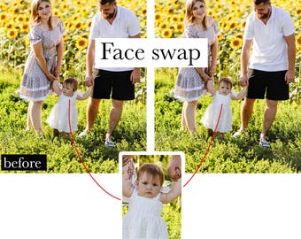 May include: A before-and-after photo editing comparison. The image shows a family of three in a field of sunflowers. The text "Face swap" and "Photo Editing" are displayed. The "after" image shows a face swap.
