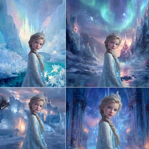 Op de afbeelding: Een digitale illustratie van een jong meisje met blond haar in een vlecht, gekleed in een blauwe jurk en een zilveren tiara. Ze staat tegen een achtergrond van een besneeuwd landschap met een kasteel en een regenboog.