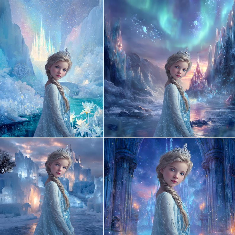 Op de afbeelding: Een digitale illustratie van een jong meisje met blond haar in een vlecht, gekleed in een blauwe jurk en een zilveren tiara. Ze staat tegen een achtergrond van een besneeuwd landschap met een kasteel en een regenboog.