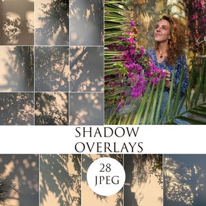 Peut inclure: Ensemble de 28 superpositions d'ombres au format JPEG. L'image présente divers motifs d'ombres de feuilles et de branches, projetés sur une surface claire. Le texte "SHADOW OVERLAYS" et "28 JPEG" est également visible.
