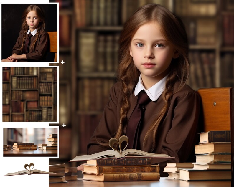 May include: A young girl in a brown uniform sits in a library setting, reading a book with the pages folded into a heart shape.  She has long brown hair in braids and is surrounded by stacks of books.