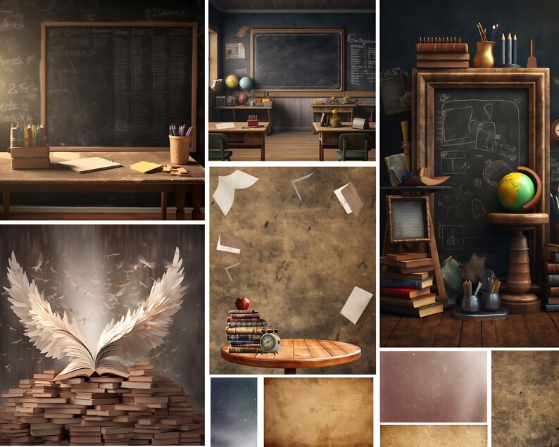 May include: A vintage classroom setting with a chalkboard, books, and a globe. The chalkboard has the words "School Days" written on it. The books are stacked on a table and the globe is on a stand. The room is decorated with a rustic, vintage style.