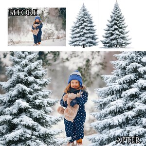 May include: A young child in a blue snowsuit and hat, holding a stuffed animal, stands in a snowy forest. The image is framed by snow-covered evergreen trees. The word "BEFORE" is in the top left corner and "AFTER" is in the bottom right corner.