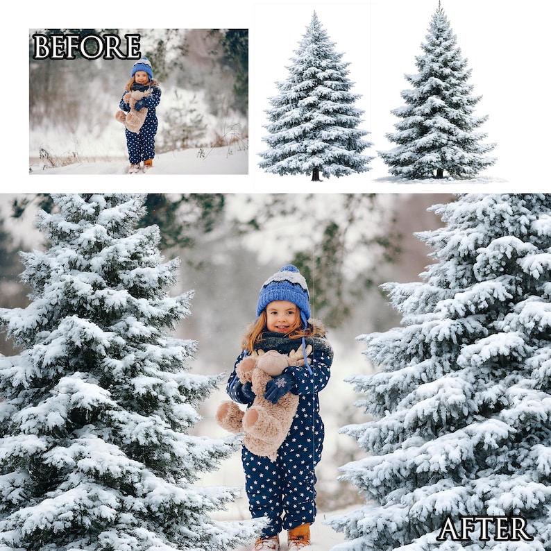 May include: A young child in a blue snowsuit and hat, holding a stuffed animal, stands in a snowy forest. The image is framed by snow-covered evergreen trees. The word "BEFORE" is in the top left corner and "AFTER" is in the bottom right corner.