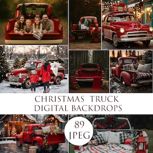 May include: A collage of images featuring red vintage trucks decorated for Christmas. Some images show families, gifts, and Christmas trees. The text "CHRISTMAS TRUCK DIGITAL BACKDROPS" is displayed, along with "89 JPEG".