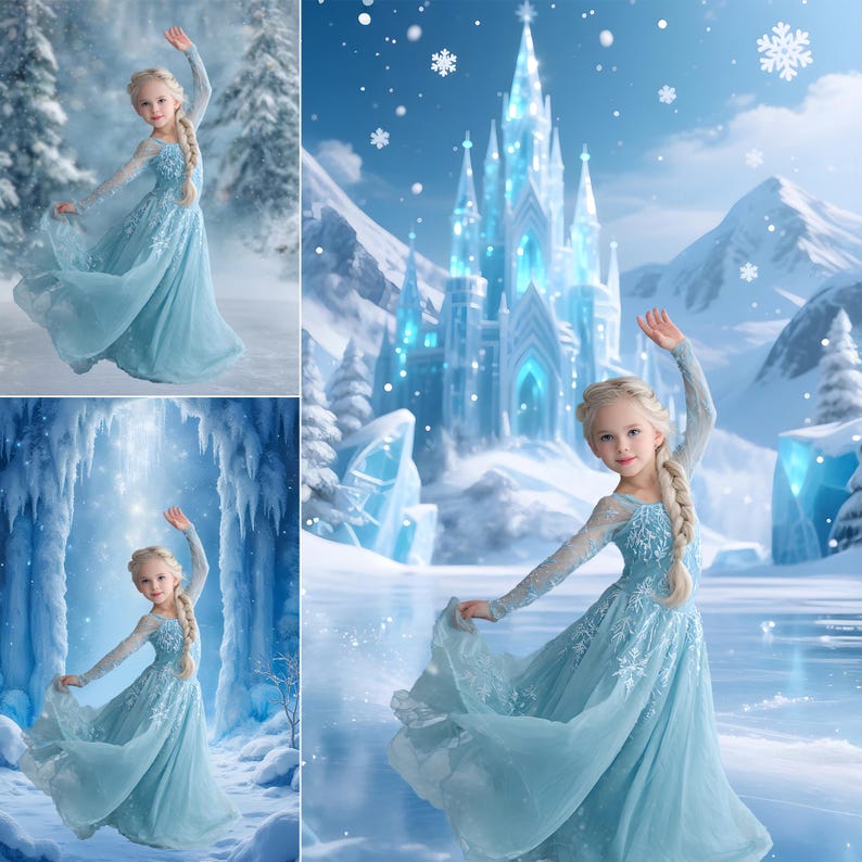 Op de afbeelding: Een jong meisje met blond haar in een lange vlecht, draagt een lichtblauwe jurk met sneeuwvlokkenborduurwerk, poseert voor een winterwonderland-achtergrond. De jurk heeft lange mouwen en een zwierige rok. Een groot kasteel is zichtbaar op de achtergrond.