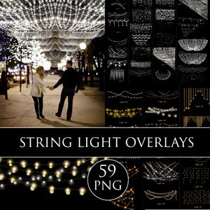 Christmas String Light Overlays, String Light Photo Effect, Garlands Clip art, Fairy lights clip art, Garlands png, String lights overlay