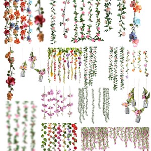 May include: Assortment of artificial flower garlands with various colors and styles, including pink, purple, white, and green. The garlands are made of plastic and are perfect for adding a touch of greenery and color to any space.