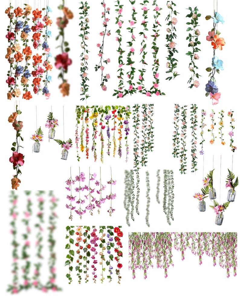 May include: Assortment of artificial flower garlands with various colors and styles, including pink, purple, white, and green. The garlands are made of plastic and are perfect for adding a touch of greenery and color to any space.