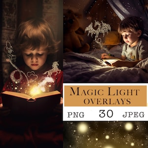 May include: A child reading a book with magical light and sparkles coming from the pages. The text on the image reads "Magic Light Overlays 30 PNG JPEG".