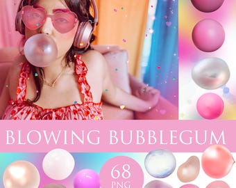 Blowing bubblegum overlays, Photoshop Overlays, PNG files, Bubble gum clipart, Color Gum png, pop overlays, glasses overlays, Rainbow colour