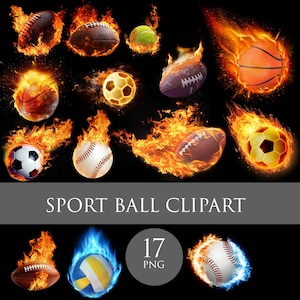 Sports Ball PNG Design Bundle: 17 Flaming Overlays (Digital Download)