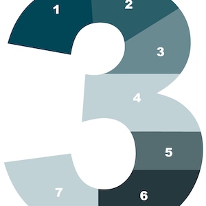 May include: A teal blue and light blue number 3 divided into seven sections, each labeled with a number from 1 to 7.