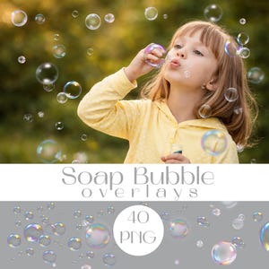 Puede incluir: Una persona joven con una camisa amarilla soplando burbujas. La imagen incluye el texto "Soap Bubble Overlays" y un gráfico que dice "40 PNG". Varias burbujas iridiscentes flotan en el aire.