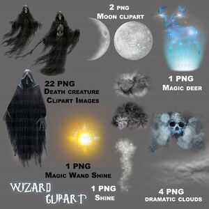 Puede incluir: Un conjunto de clipart digital que incluye 22 im&aacute;genes de criaturas de la muerte, 2 im&aacute;genes de la luna, 1 ciervo m&aacute;gico, 1 brillo de varita m&aacute;gica, 1 brillo y 4 nubes dram&aacute;ticas. Las im&aacute;genes est&aacute;n en formato PNG.