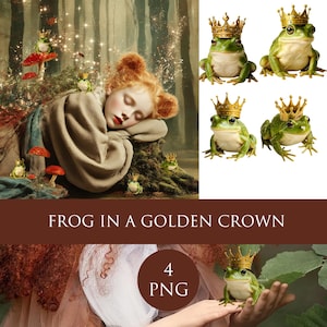Puede incluir: Composición de arte digital que presenta a un niño dormido con cabello rojo, rodeado de elementos caprichosos. La imagen incluye varias ranas verdes con coronas doradas, setas y luces brillantes. Se muestra el texto "FROG IN A GOLDEN CROWN".