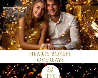 May include: A smiling couple poses in front of wrapped gifts, with heart-shaped bokeh overlays. The woman wears a gold strapless dress, and the man wears a white button-down shirt. The image includes the text "HEARTS BOKEH OVERLAYS" and "28 JPEG".