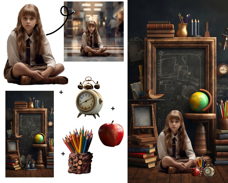 May include: A dark green chalkboard with white chalk drawings, a globe, a stack of books, a vintage alarm clock, pencils in a wooden holder, and a red apple. Two girls are sitting on the floor in front of the chalkboard, one holding a book and the other holding a red apple.