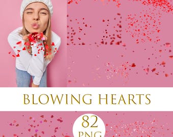 Blowing Hearts Overlay, Valentine heart png, Love overlay, Red Paper Hearts Overlay, Digital Confetti png, Valentines overlay, falling heart