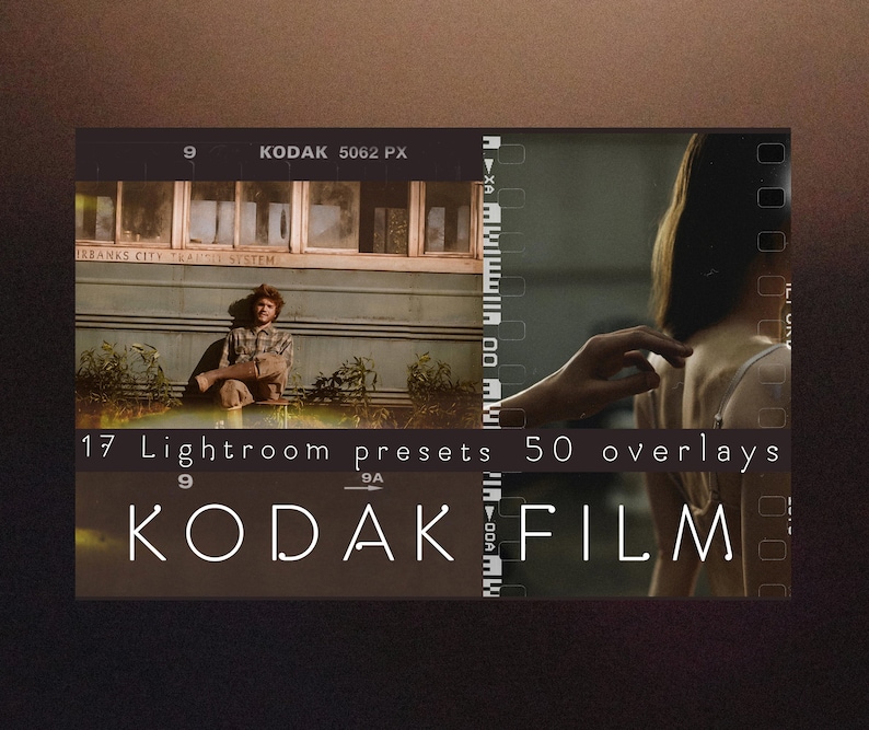 May include: A digital product featuring 17 Lightroom presets and 50 overlays for creating a vintage Kodak film look. The text "KODAK FILM" is displayed in white against a dark background.