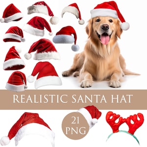 May include: A collection of red and white Santa hats with a fluffy white trim and a white pom-pom. A golden retriever dog wearing a Santa hat is also in the image. The text "REALISTIC SANTA HAT" is displayed.