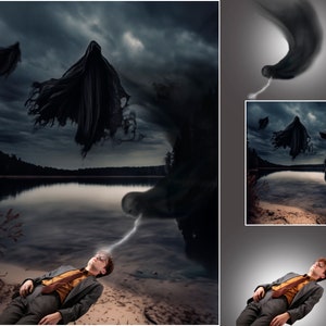 Puede incluir: Un hombre yace en una costa arenosa, con los ojos cerrados, mientras una figura oscura y fantasmal flota sobre &eacute;l. La figura est&aacute; rodeada de una niebla giratoria, y el cielo est&aacute; oscuro y tormentoso.