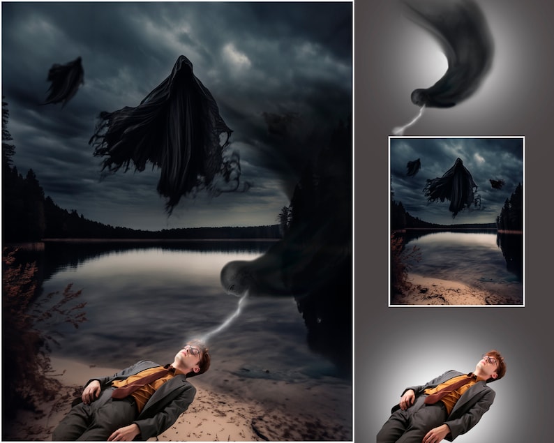 Puede incluir: Un hombre yace en una costa arenosa, con los ojos cerrados, mientras una figura oscura y fantasmal flota sobre &eacute;l. La figura est&aacute; rodeada de una niebla giratoria, y el cielo est&aacute; oscuro y tormentoso.