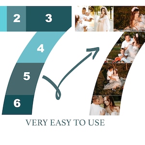 May include: A numbered graphic showing seven different photos of a family in a field. The photos are arranged in a curved shape, forming the number seven. The text "VERY EASY TO USE" is below the graphic.