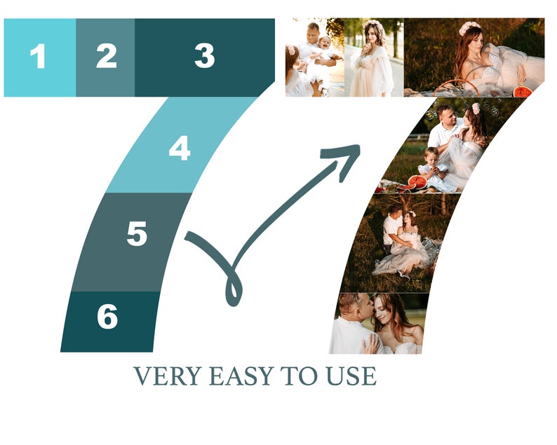 May include: A numbered graphic showing seven different photos of a family in a field. The photos are arranged in a curved shape, forming the number seven. The text "VERY EASY TO USE" is below the graphic.