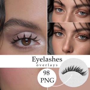 Op de afbeelding: Een digitale collectie van 98 wimper-overlays in PNG-formaat, met verschillende stijlen zwarte wimperextensions aangebracht op ogen met neutrale oogschaduw, gepresenteerd met de tekst Eyelashes overlays 98 PNG op een beige achtergrond.