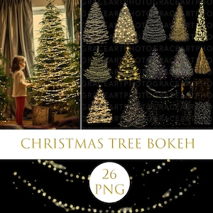 Christmas Bokeh Photo Overlays: Gold Lights, Tree Effects (PNG, JPEG Digital Download)