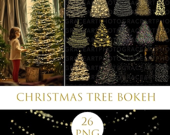 Christmas Bokeh Photo Overlays: Gold Lights, Tree Effects (PNG, JPEG Digital Download)