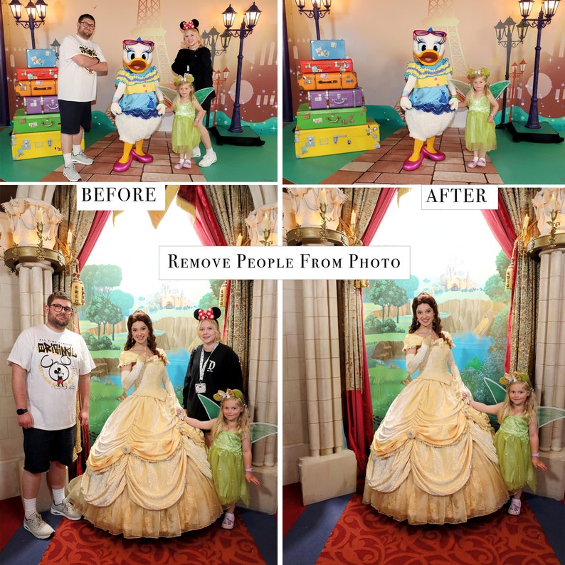 May include: A photo collage showing a before and after image of a photo editing service. The before image shows a family posing with a Disney character. The after image shows the same scene with the people removed, leaving only the Disney character.