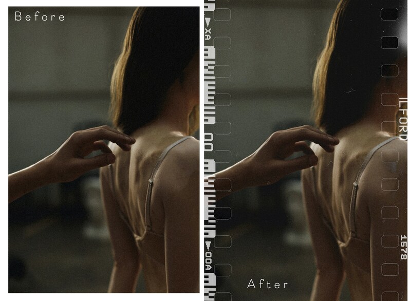 May include: A close-up image of a person's back with a hand gently touching their shoulder. The image has a vintage film aesthetic with a film strip border.