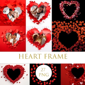 Heart frame digital overlays, Valentine&#39;s cards, HEART FRAME png, Romantic Valentine Clipart, Perfect for Printable Love Cards png, Heart PN
