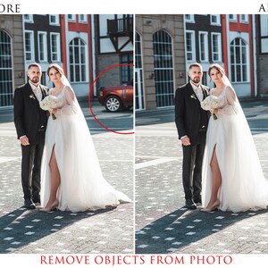 May include: A bride and groom stand on a cobblestone street in front of a building. The bride is wearing a white wedding dress and the groom is wearing a black suit. The couple is smiling and looking at each other.