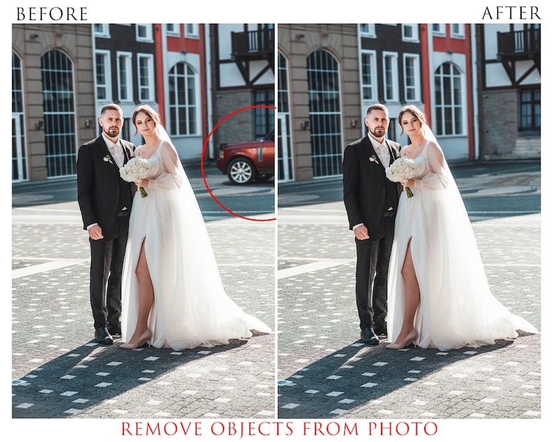 May include: A bride and groom stand on a cobblestone street in front of a building. The bride is wearing a white wedding dress and the groom is wearing a black suit. The couple is smiling and looking at each other.