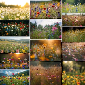 Puede incluir: Un collage de 12 im&aacute;genes que muestran varias praderas de flores silvestres en flor. Las im&aacute;genes capturan una variedad de colores, incluidos el morado, el rosa, el amarillo y el blanco, y presentan una variedad de flores silvestres en diferentes etapas de floraci&oacute;n.