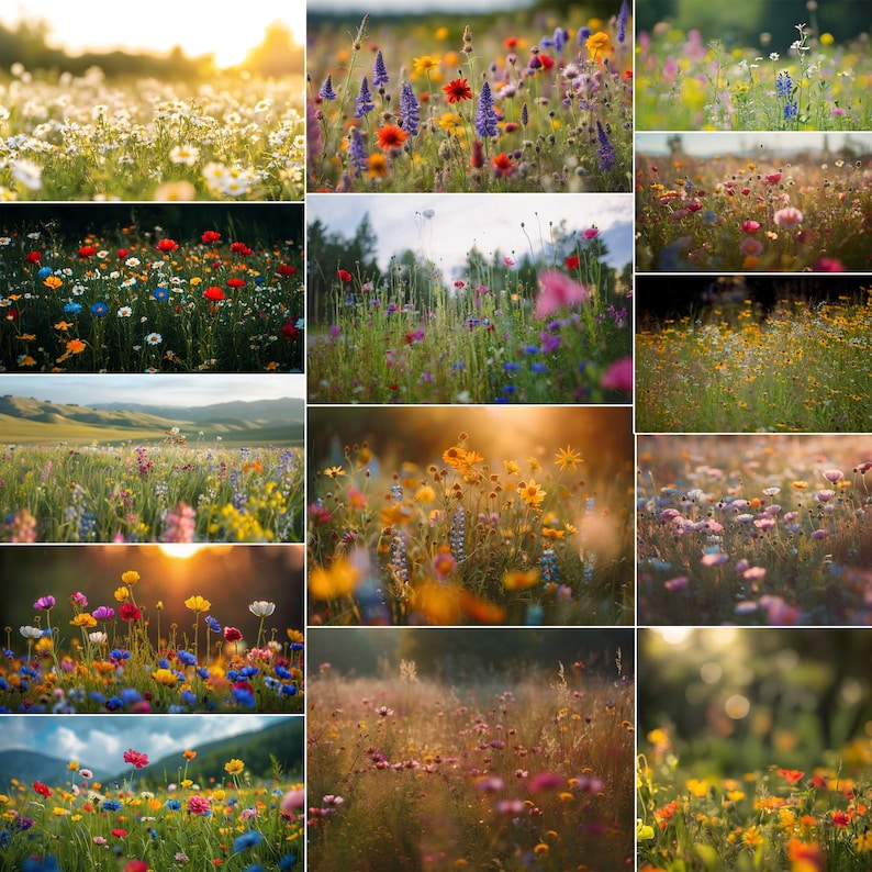 Puede incluir: Un collage de 12 im&aacute;genes que muestran varias praderas de flores silvestres en flor. Las im&aacute;genes capturan una variedad de colores, incluidos el morado, el rosa, el amarillo y el blanco, y presentan una variedad de flores silvestres en diferentes etapas de floraci&oacute;n.