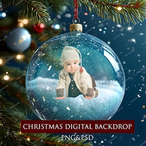 Digitale achtergrond kerstornament, sneeuwbol kerstfoto-overlay, PSD-snuisterij digitale achtergrond, kerstversiering, kerstversiering png psd