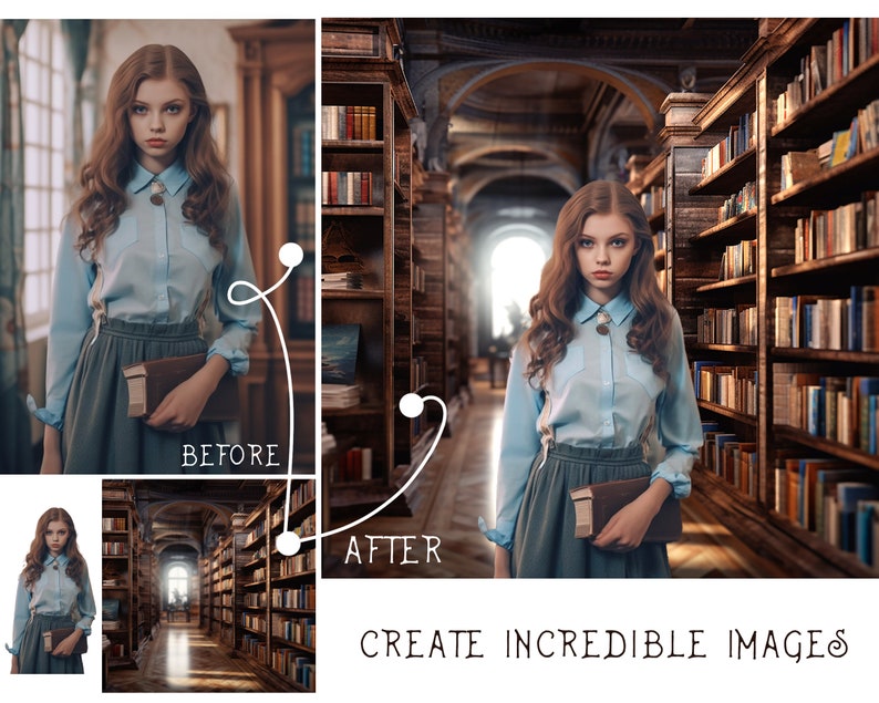 May include: A young woman in a blue shirt and a gray skirt stands in a large library with tall bookshelves filled with books. She is holding a book in her hands. The library has a high ceiling and large windows. The light from the windows creates a warm glow in the room.