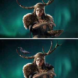 May include: A woman wearing a brown fur-trimmed cloak and a headdress with antlers, holding a bowl in her hands. She has tattoos on her arms and a necklace with a pendant. The background is a dark green with a faint aurora borealis.