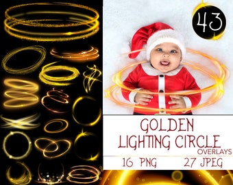 Weihnachtszauberlicht-Overlays, Goldener Beleuchtungskreis, Lichtkreise, Lichteffekt, Goldener magischer Kreis Aura, Goldfunkeln, Goldglanz