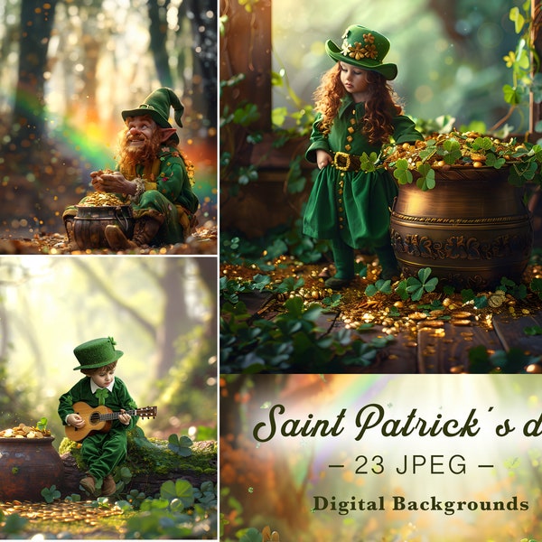 St Patty's Day digitaler Hintergrund für zusammengesetzte Fotografie, St Patricks Day Hintergrund, St Patricks Day Hintergrund, Regenbogen, Kobold, Klee