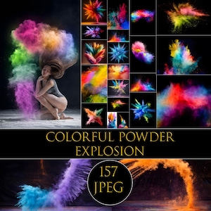 May include: A collection of colorful powder explosions in various shapes and sizes, with a woman kneeling in the foreground. The image includes the text "COLORFUL POWDER EXPLOSION" and "157 JPEG". The explosions feature vibrant hues.